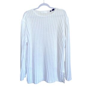 Donna Karan White Ribbed Mercerized Cotton Heavy Knit Crew Neck Classy Sweater